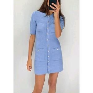 ZARA WOMAN CLASSIC Gold Button Mini Knit Lady Dress Blue Front Pockets Size XL